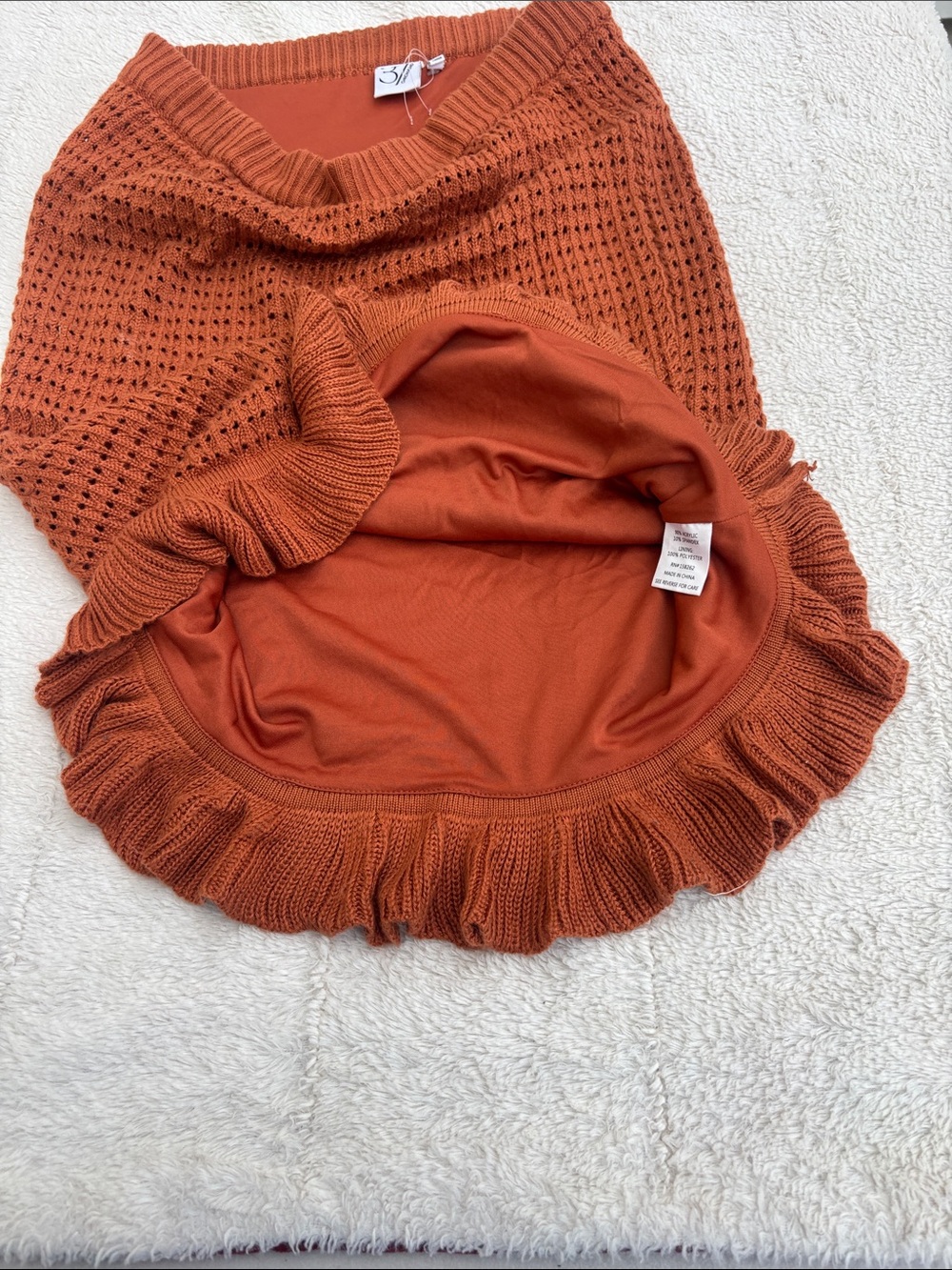 Open-Knit Rust Midi Skirt with Ruffle Hem - Picture 4 of 8